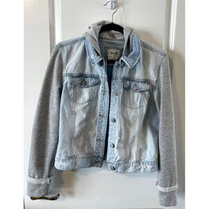MUDD Denim Jean Jacket Cotton Sleeves Hood L Hoodie Button Up Pockets Light wash